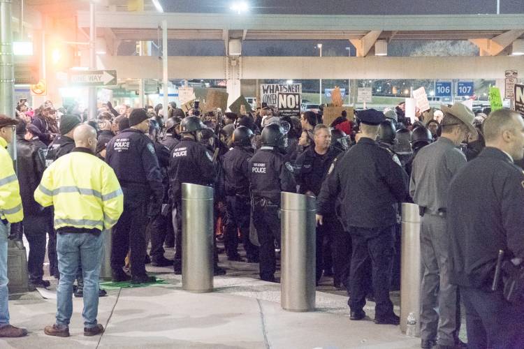 Protest against Trump's travel ban at JFK Airport, 2017.