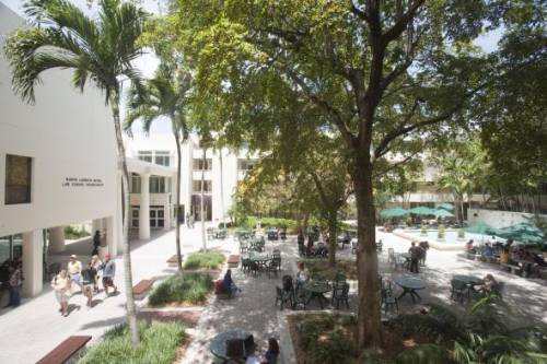 Students meet at Miami Law's central courtyard, known as "The Bricks," to study, network and relax.