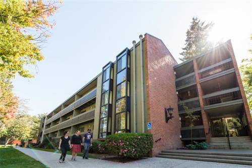 The exterior of an on campus student apartment building at McGeorge School of Law.
