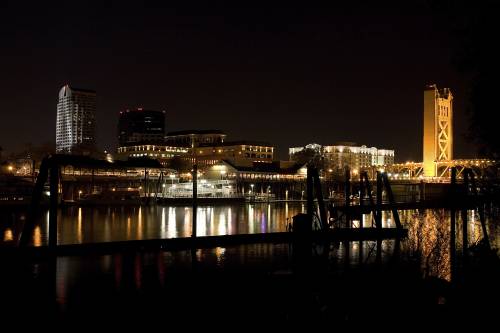 The Sacramento skyline at night.