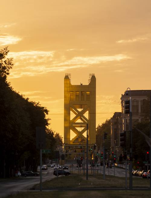 Sacramento's Capitol Mall and Tower Bridge at sunset.