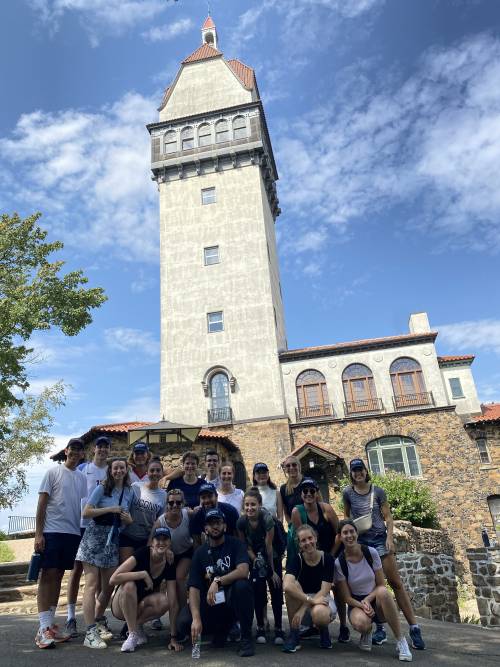 LLM students hike to Heublein Tower during Fall 2021 Orientation.